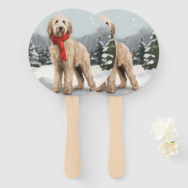 Goldendoodle Dog in Snow Christmas  Hand Fan (Front and Back)