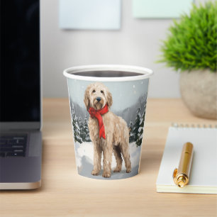 Goldendoodle Dog in Snow Christmas Paper Cups