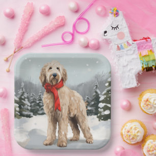 Goldendoodle Dog in Snow Christmas Paper Plate