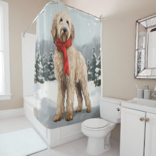 Goldendoodle Dog in Snow Christmas Shower Curtain