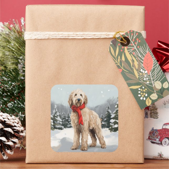 Goldendoodle Dog in Snow Christmas  Square Sticker (Holiday)
