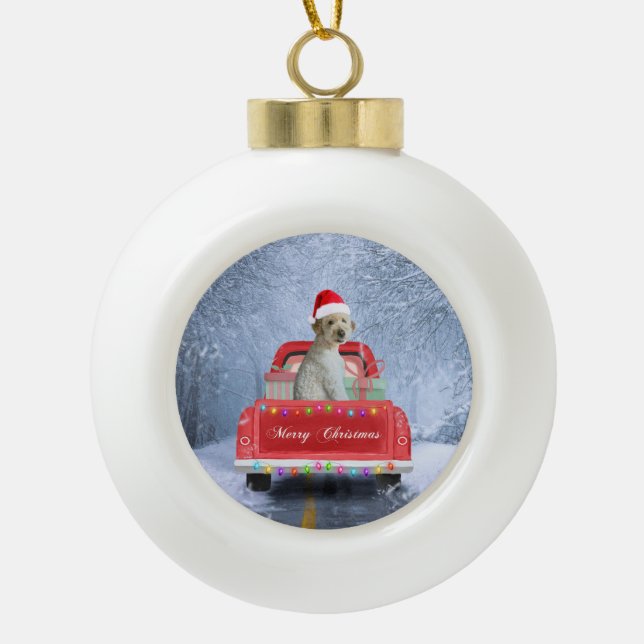 Goldendoodle Dog in Snow sitting in Christmas Ceramic Ball Christmas Ornament (Front)