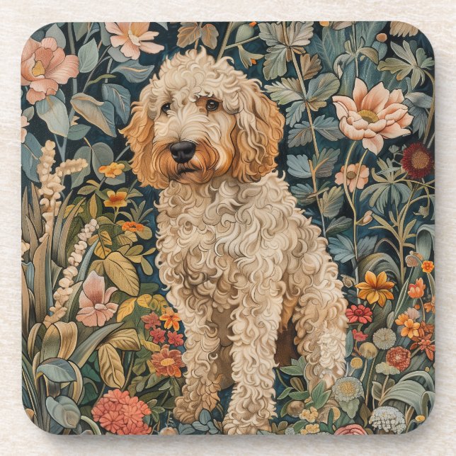 Goldendoodle Dog in William Morris Style Garden Coaster (Front)