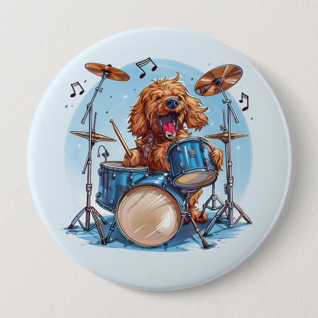 Goldendoodle Dog Playing Drums 10 Cm Round Badge (Front)