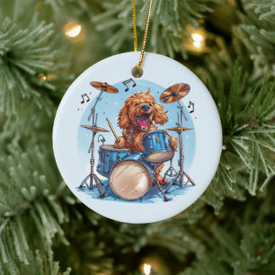 Goldendoodle Dog Playing Drums Ceramic Tree Decoration