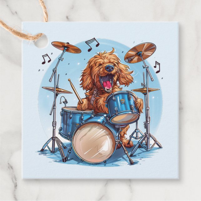Goldendoodle Dog Playing Drums Favour Tags (Front)