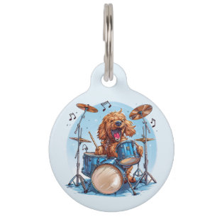 Goldendoodle Dog Playing Drums Pet Tag