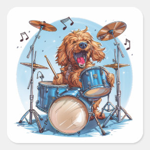 Goldendoodle Dog Playing Drums Square Sticker