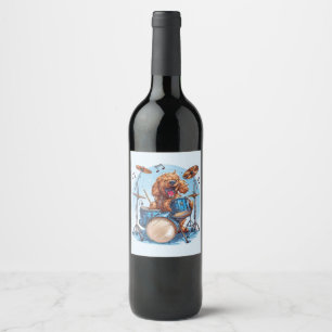 Goldendoodle Dog Playing Drums Wine Label