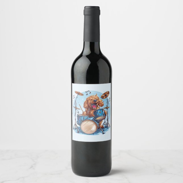 Goldendoodle Dog Playing Drums Wine Label (Front)