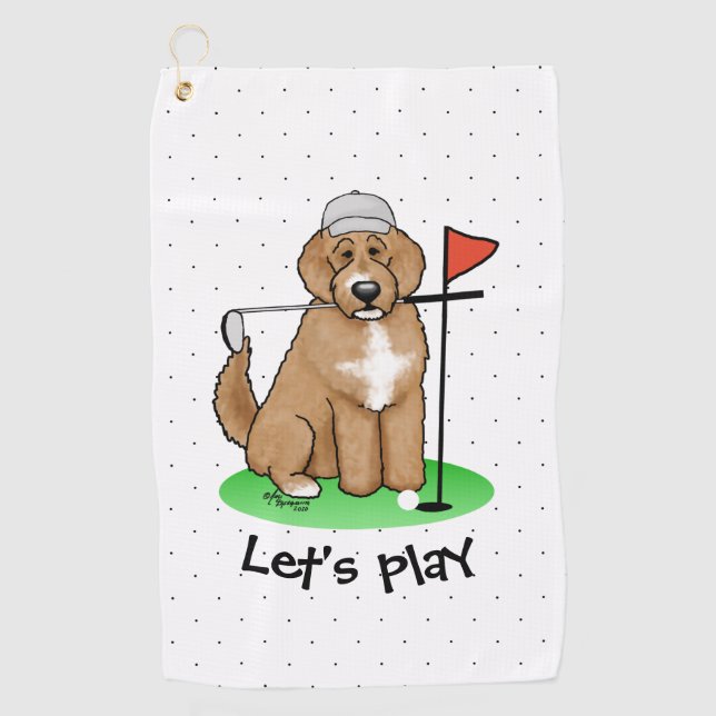 Goldendoodle Dog Playing Golf (red whmk2) Cute Fun Golf Towel (Front)