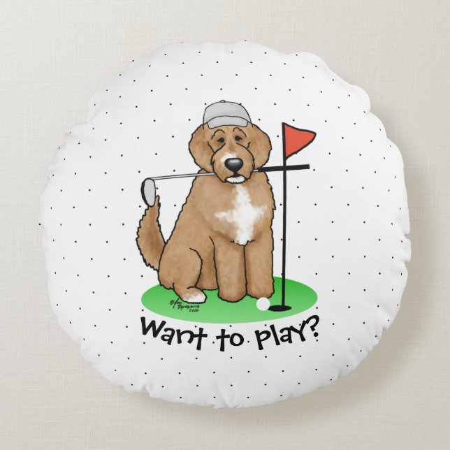 Goldendoodle Dog Playing Golf (red whmk2) Cute Fun Round Cushion (Front)