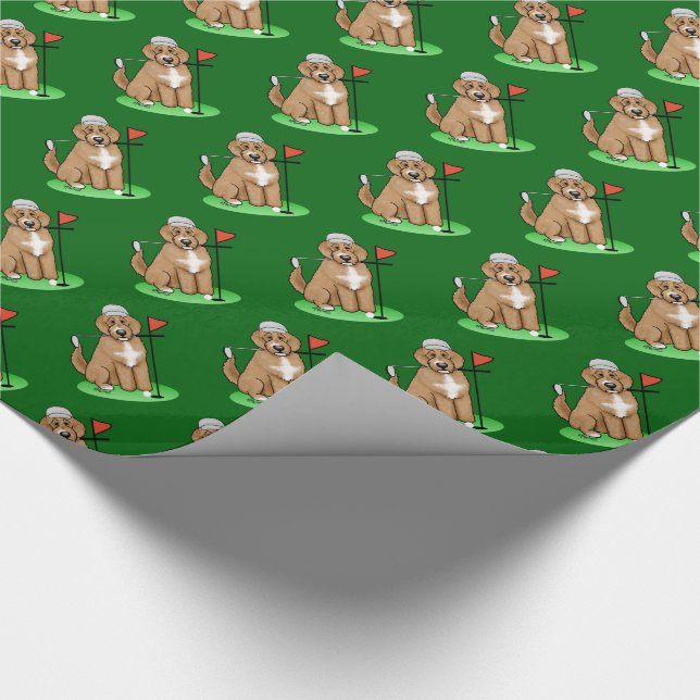 Goldendoodle Dog Playing Golf (red whmk2) Cute Fun Wrapping Paper (Corner)