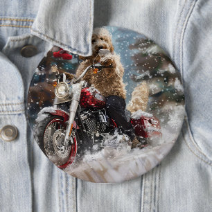 Goldendoodle Dog Riding Motorcycle Christmas  6 Cm Round Badge