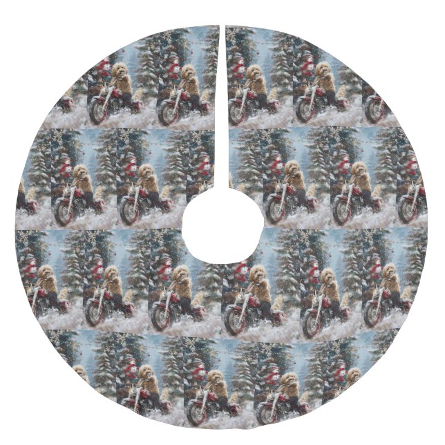 Goldendoodle Dog Riding Motorcycle Christmas  Brushed Polyester Tree Skirt (Front)