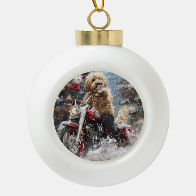 Goldendoodle Dog Riding Motorcycle Christmas  Ceramic Ball Christmas Ornament (Front)