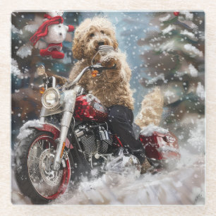 Goldendoodle Dog Riding Motorcycle Christmas Glass Coaster