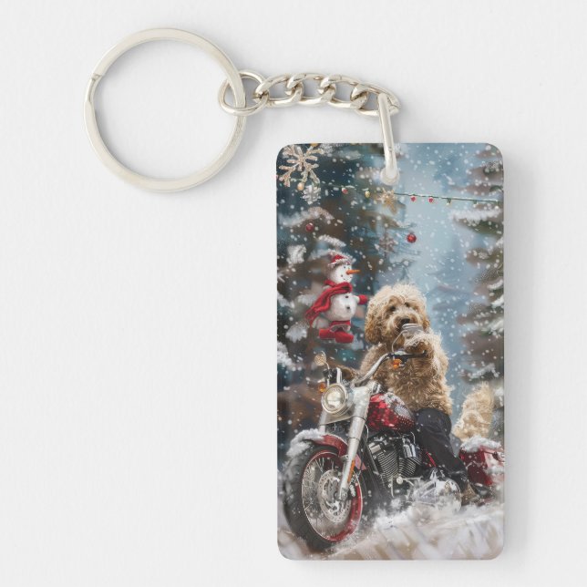 Goldendoodle Dog Riding Motorcycle Christmas  Key Ring (Front)