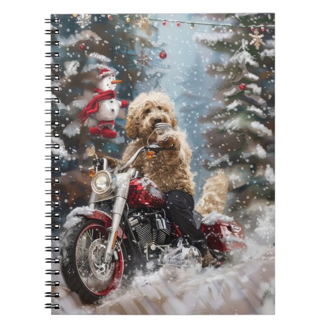 Goldendoodle Dog Riding Motorcycle Christmas  Notebook (Front)