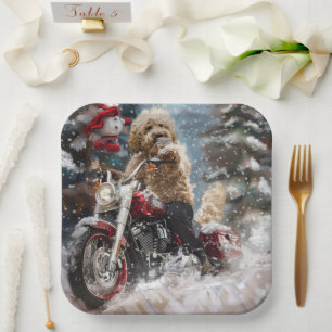 Goldendoodle Dog Riding Motorcycle Christmas  Paper Plate
