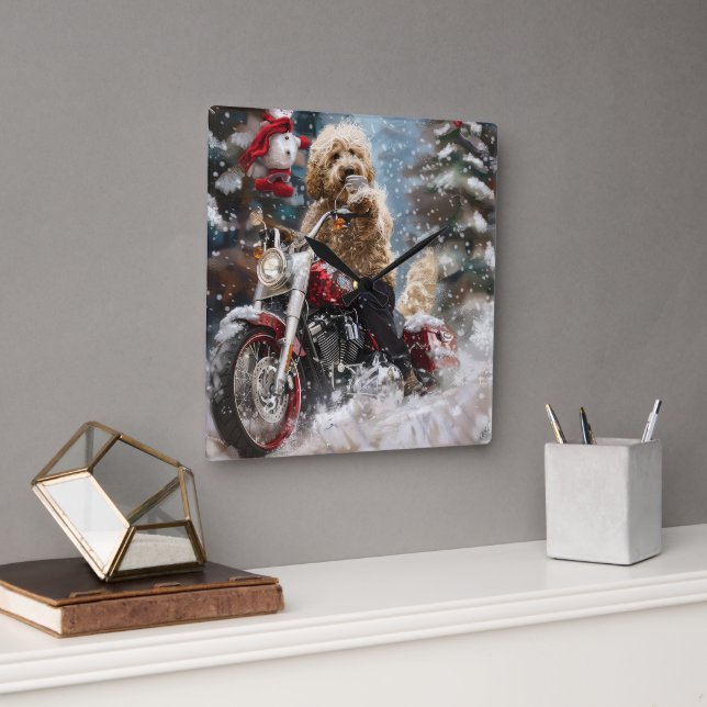 Goldendoodle Dog Riding Motorcycle Christmas  Square Wall Clock (Office)