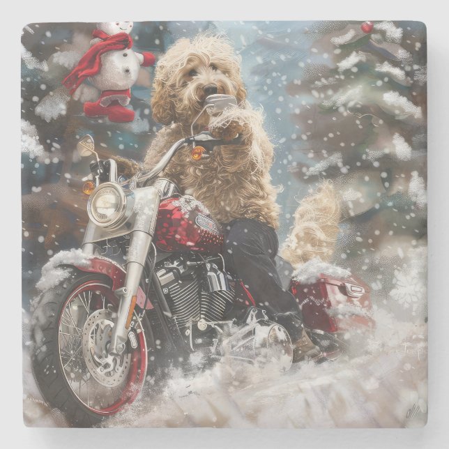 Goldendoodle Dog Riding Motorcycle Christmas  Stone Coaster (Front)
