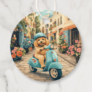 Goldendoodle Dog Riding Scooter European Streets Favour Tags