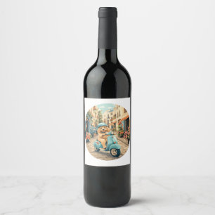 Goldendoodle Dog Riding Scooter European Streets Wine Label
