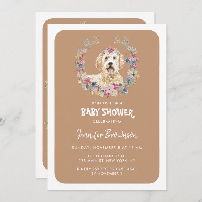 Goldendoodle Dog Rustic Flowers Invitation (Front/Back)