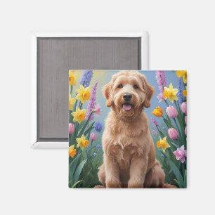 Goldendoodle Dog Spring Flowers Painting Magnet