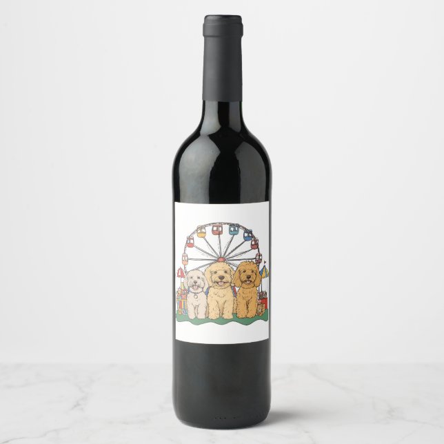 Goldendoodle Dogs At A Carnival  Wine Label (Front)