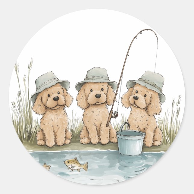 Goldendoodle Dogs Fishing Classic Round Sticker (Front)