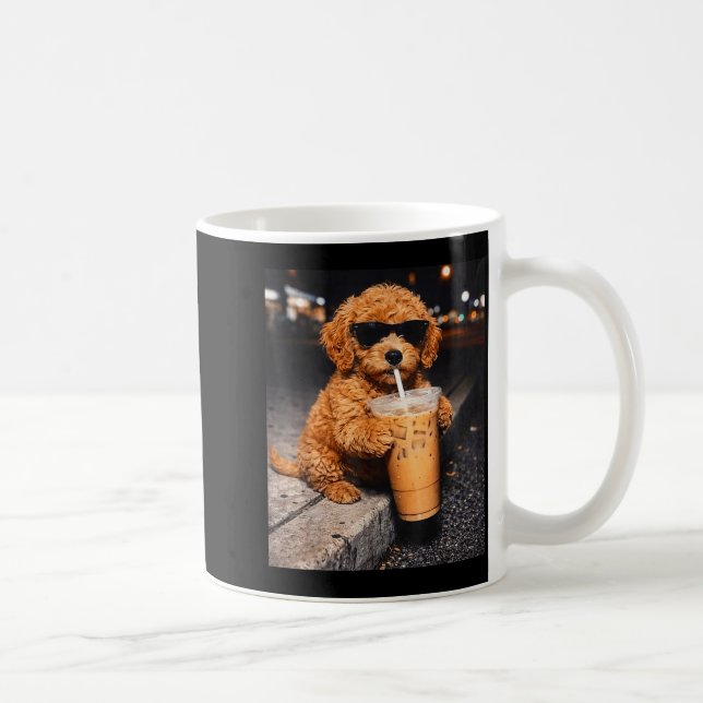 Goldendoodle drinking iced coffee funny animal mem mug (Right)