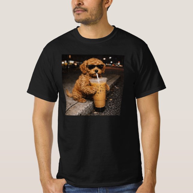 Goldendoodle Drinking Iced Coffee Funny Dog Meme T-Shirt (Front)