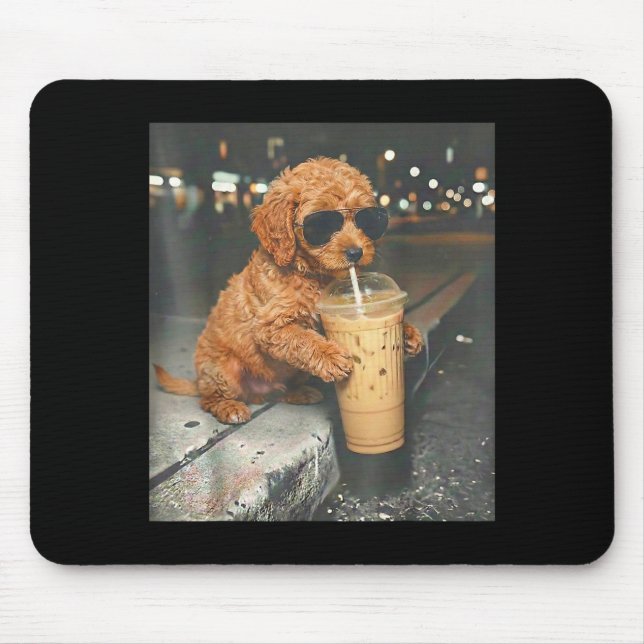 Goldendoodle drinking iced coffee funny dog memeGo Mouse Pad (Front)
