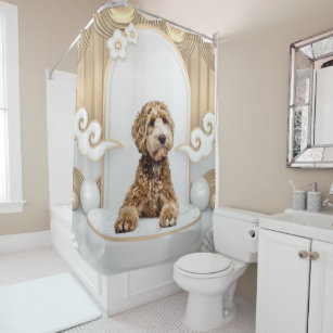 Goldendoodle Golden Background Photo Collage Shower Curtain