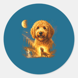 Goldendoodle howling to the moon vintage mystical classic round sticker