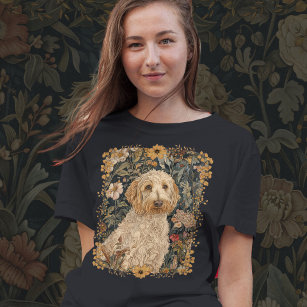 Goldendoodle in a Vintage William Morris Garden T-Shirt