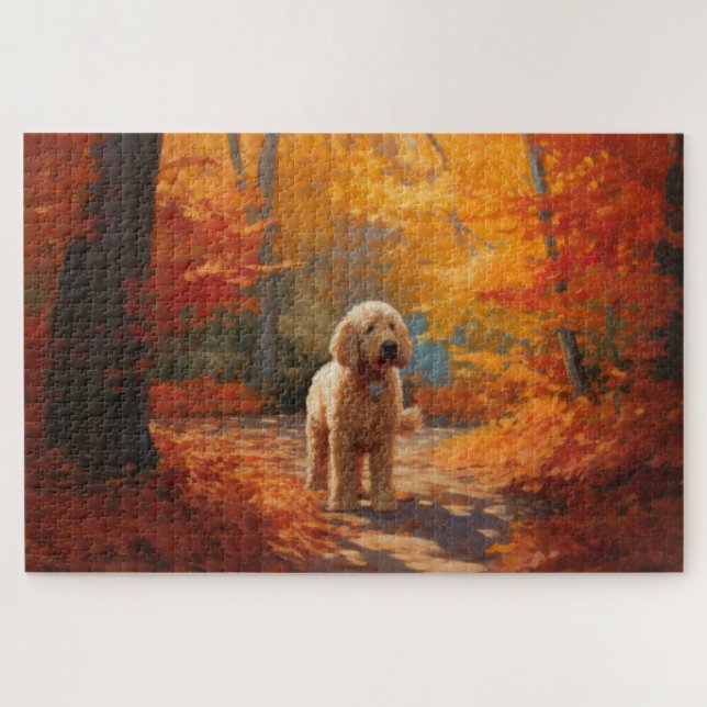 Goldendoodle in Autumn Leaves Fall Inspire  Jigsaw Puzzle (Horizontal)
