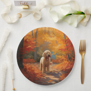 Goldendoodle in Autumn Leaves Fall Inspire  Paper Plate