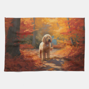 Goldendoodle in Autumn Leaves Fall Inspire  Tea Towel
