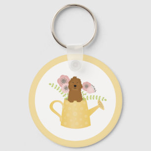 Goldendoodle In Watering Can Yellow Key Ring
