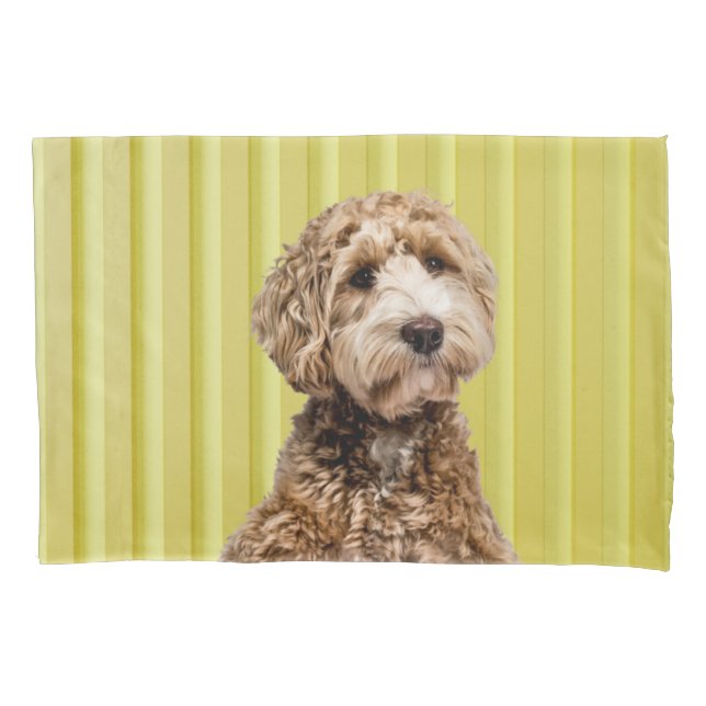 Goldendoodle Laying on Bright Yellow Podium Pillowcase (Front)