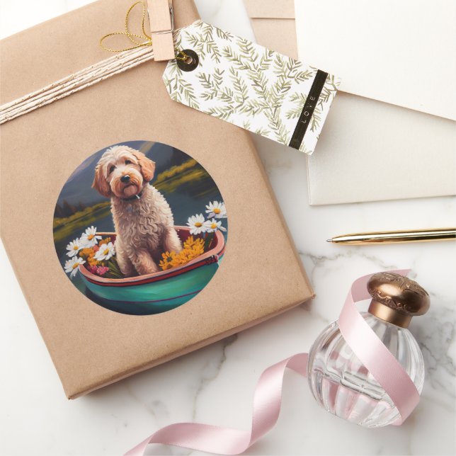 Goldendoodle on a Paddle: A Scenic Adventure Classic Round Sticker (Gifting)