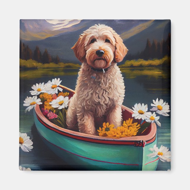 Goldendoodle on a Paddle: A Scenic Adventure Magnet (Front)