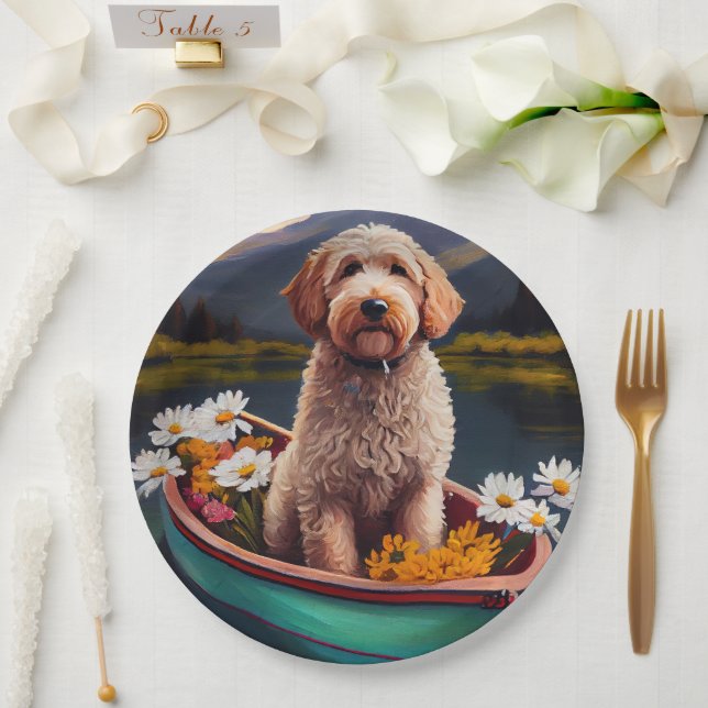 Goldendoodle on a Paddle: A Scenic Adventure Paper Plate (Wedding)