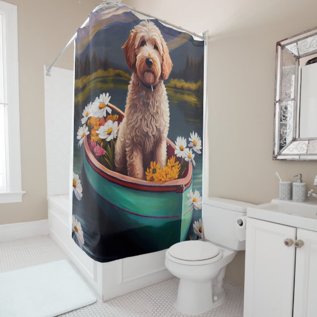 Goldendoodle on a Paddle: A Scenic Adventure Shower Curtain (In Situ)