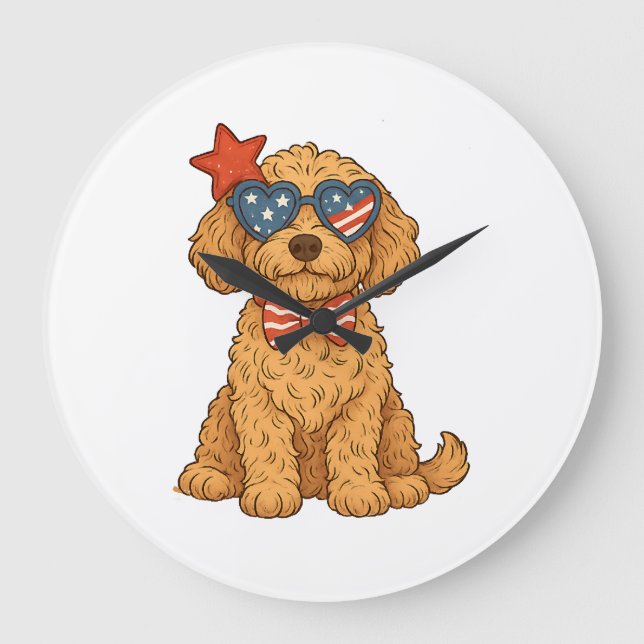 Goldendoodle Patriotic Clipart Large Clock (Front)