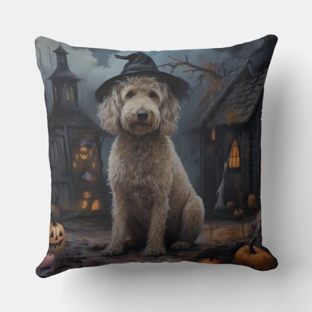 Goldendoodle Pumpkins Halloween Scary Cushion (Back)