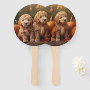 Goldendoodle Puppy Autumn Delight Pumpkin Hand Fan